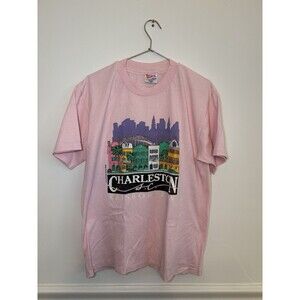 Vintage Pink Shirt Charleston South Carolina Rainbow Row Large Hanes 50/50